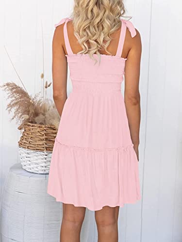 ZESICA Women's 2024 Summer Spaghetti Strap Sleeveless Square Neck Ruffle A Line Swing Mini Dress,Pink,Medium