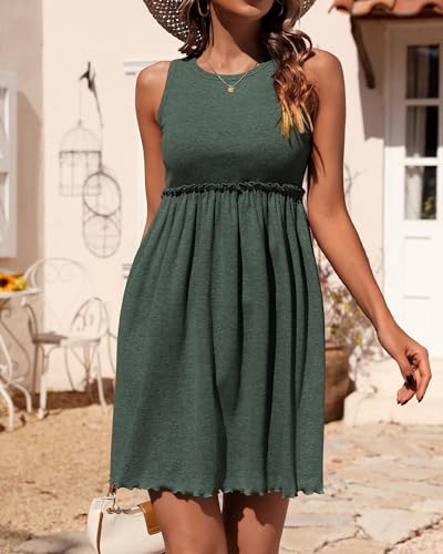 BTFBM Women Sleeveless Summer Dress 2024 Crewneck Ribbed Knit Ruffle Swing Button Down Beach Sun Mini Tank Short Dresses(Solid Army Green, Medium)