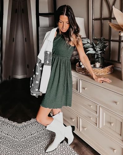 BTFBM Women Sleeveless Summer Dress 2024 Crewneck Ribbed Knit Ruffle Swing Button Down Beach Sun Mini Tank Short Dresses(Solid Army Green, Medium)