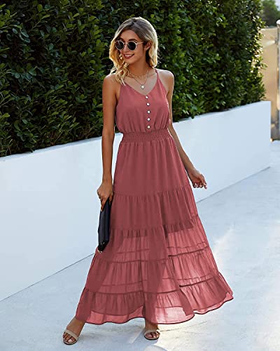 PRETTYGARDEN Women's Casual Summer Dress Spaghetti Strap Sleeveless High Waist Beach Long Maxi Sun Dresses (Brick Red,Small)