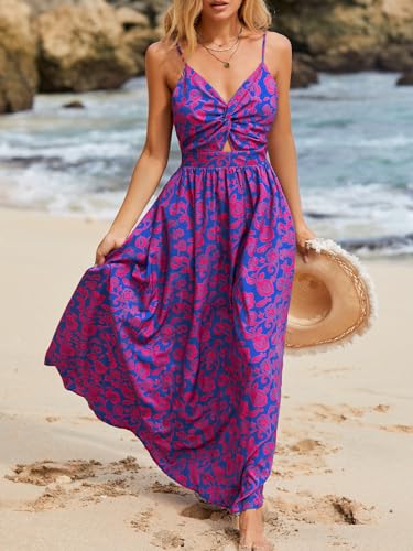 CUPSHE Women's V Neck Knotted Floral Print Sleeveless Lace Up A Line Maxi Dress Blue Floral, L
