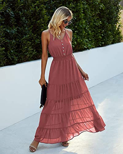 PRETTYGARDEN Women's Casual Summer Dress Spaghetti Strap Sleeveless High Waist Beach Long Maxi Sun Dresses (Brick Red,Small)