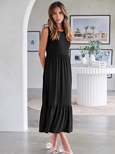 ANRABESS Women Summer Casual Sleeveless Crewneck Sundress Aline Flowy Tiered Maxi Long Beach Dress Vacation Outfits Medium Black