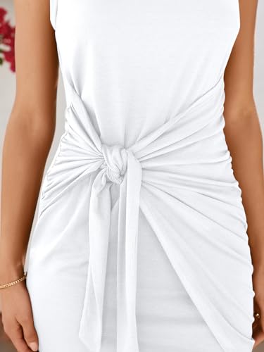 LILLUSORY Ladies Dress Women's Spring Summer Beach Graduation White 2024 Casual Sleeveless Trendy Bodycon Ruched Tie Waist Mini Dresses