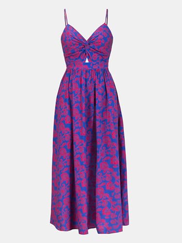 CUPSHE Women's V Neck Knotted Floral Print Sleeveless Lace Up A Line Maxi Dress Blue Floral, L