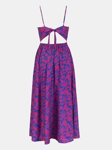 CUPSHE Women's V Neck Knotted Floral Print Sleeveless Lace Up A Line Maxi Dress Blue Floral, L