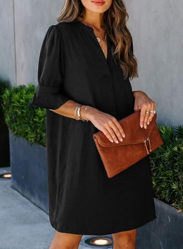 QACOHU Black Dress 2024 Women's Summer Tunic Dress V Neck Casual Loose Flowy Swing Shift Dress 2024 Dresses for Women Black XL