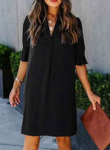 QACOHU Black Dress 2024 Women's Summer Tunic Dress V Neck Casual Loose Flowy Swing Shift Dress 2024 Dresses for Women Black XL