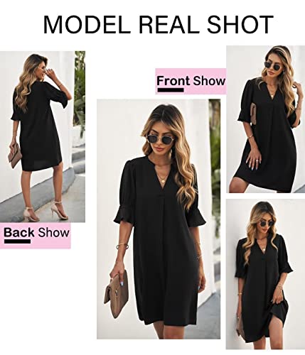 QACOHU Black Dress 2024 Women's Summer Tunic Dress V Neck Casual Loose Flowy Swing Shift Dress 2024 Dresses for Women Black XL