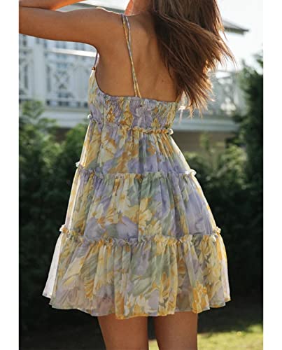 Mansy Womens 2024 Summer Floral Mini Dress Boho Flowy Skater Dresses Short Sleeveless Ruffle Spaghetti Strap Dress