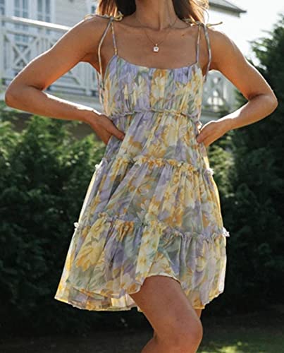 Mansy Womens 2024 Summer Floral Mini Dress Boho Flowy Skater Dresses Short Sleeveless Ruffle Spaghetti Strap Dress