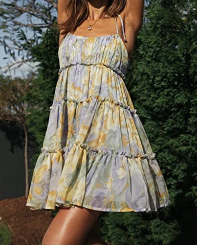 Mansy Womens 2024 Summer Floral Mini Dress Boho Flowy Skater Dresses Short Sleeveless Ruffle Spaghetti Strap Dress