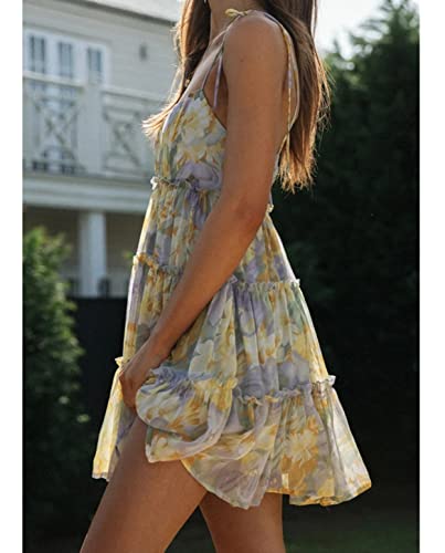 Mansy Womens 2024 Summer Floral Mini Dress Boho Flowy Skater Dresses Short Sleeveless Ruffle Spaghetti Strap Dress
