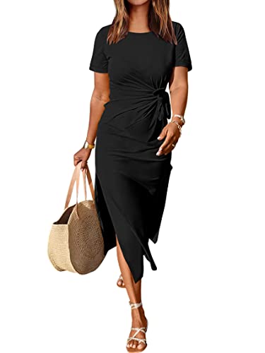 ANRABESS Women’s 2024 Summer Short Sleeve Crewneck T Shirt Maxi Dress Tie Waist Casual Slim Fit Slit Long Beach Dresses Black Large