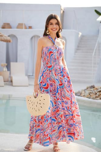 Summer Dresses for Women 2024 Halter Backless Flowy Beach Long Maxi Dress L Multicolor