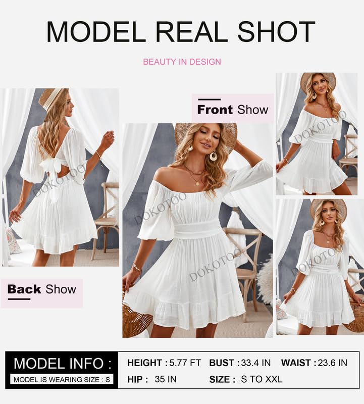 Dokotoo Square Neck Summer Dresses for Women 2024 Puff Sleeve Tie Backless Sexy Dresses Elastic Waist Ruffle A-Line Casual White Dress for Wedding Guest Small