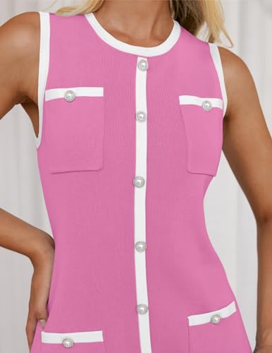 ZESICA Women's Summer Sleeveless Mini Dress Crewneck Button Kint Color Block Bodycon Party Short Dresses with Pockets,Pink,Small