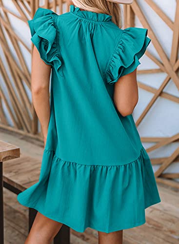 Dokotoo Summer Dresses for Women Sun Dresses 2024 Elegant V Neck Drawstring Ruffle Solid Pockets Cap Short Sleeve Casual Dresses for Women Green X-Large