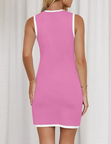 ZESICA Women's Summer Sleeveless Mini Dress Crewneck Button Kint Color Block Bodycon Party Short Dresses with Pockets,Pink,Small