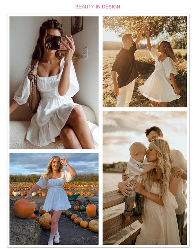 Dokotoo Square Neck Summer Dresses for Women 2024 Puff Sleeve Tie Backless Sexy Dresses Elastic Waist Ruffle A-Line Casual White Dress for Wedding Guest Small