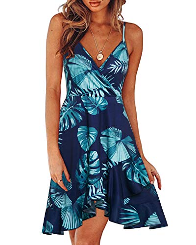 ULTRANICE Womens Summer Dresses 2024 Sundresses Casual Spring Trendy Blue Floral Flowy Wrap Midi Beach Wedding Guest Vacation Outfits Clothes Hawaiian V Neck Spaghetti Strap Dress(Floral05,M)