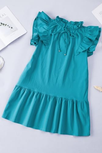Dokotoo Summer Dresses for Women Sun Dresses 2024 Elegant V Neck Drawstring Ruffle Solid Pockets Cap Short Sleeve Casual Dresses for Women Green X-Large