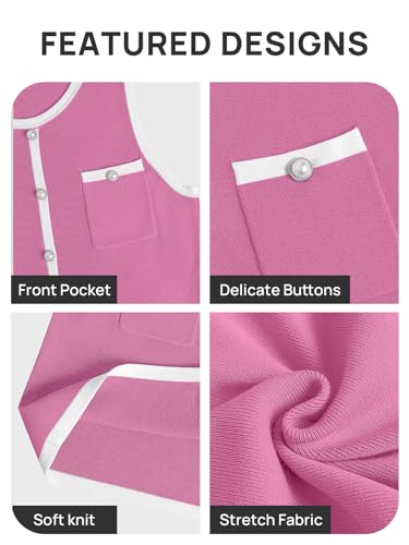ZESICA Women's Summer Sleeveless Mini Dress Crewneck Button Kint Color Block Bodycon Party Short Dresses with Pockets,Pink,Small