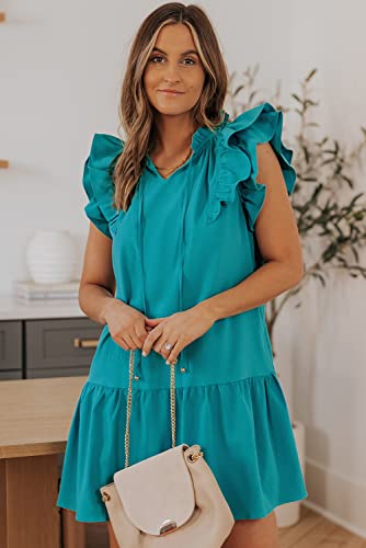 Dokotoo Summer Dresses for Women Sun Dresses 2024 Elegant V Neck Drawstring Ruffle Solid Pockets Cap Short Sleeve Casual Dresses for Women Green X-Large