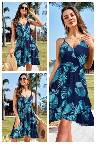 ULTRANICE Womens Summer Dresses 2024 Sundresses Casual Spring Trendy Blue Floral Flowy Wrap Midi Beach Wedding Guest Vacation Outfits Clothes Hawaiian V Neck Spaghetti Strap Dress(Floral05,M)