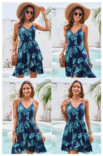 ULTRANICE Womens Summer Dresses 2024 Sundresses Casual Spring Trendy Blue Floral Flowy Wrap Midi Beach Wedding Guest Vacation Outfits Clothes Hawaiian V Neck Spaghetti Strap Dress(Floral05,M)