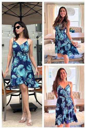 ULTRANICE Womens Summer Dresses 2024 Sundresses Casual Spring Trendy Blue Floral Flowy Wrap Midi Beach Wedding Guest Vacation Outfits Clothes Hawaiian V Neck Spaghetti Strap Dress(Floral05,M)