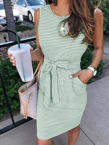 MEROKEETY Womens Summer Sleeveless Striped T Shirt Dress Casual Crew Neck Tie Waist Mini Dresses LightGreen