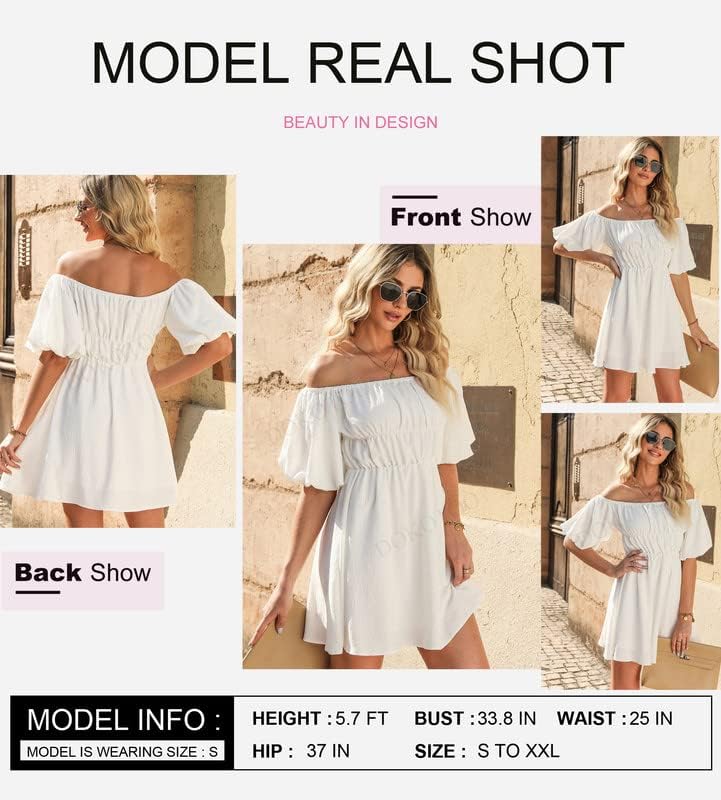 Dokotoo Off Shoulder Summer Dresses for Women 2024 Lantern Sleeve Elastic Waist White Dress Casual Ruffle A-Line Mini Dresses for Wedding Guest Small