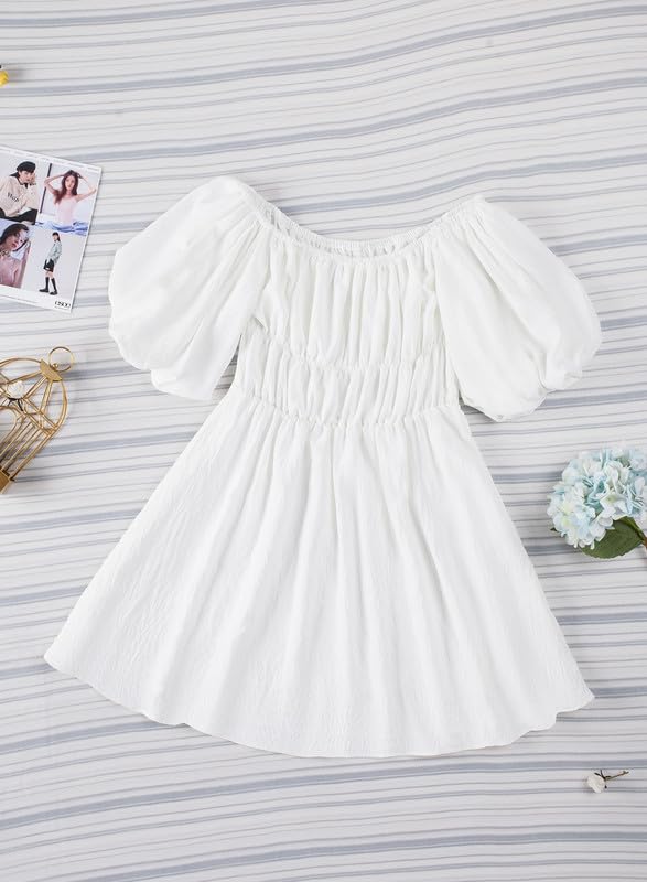 Dokotoo Off Shoulder Summer Dresses for Women 2024 Lantern Sleeve Elastic Waist White Dress Casual Ruffle A-Line Mini Dresses for Wedding Guest Small