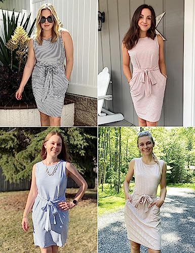 MEROKEETY Womens Summer Sleeveless Striped T Shirt Dress Casual Crew Neck Tie Waist Mini Dresses LightGreen