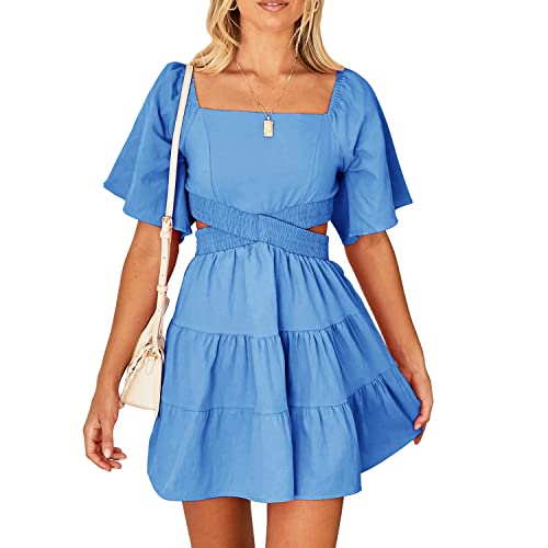 Shy Velvet Womens Square Neck Criss Cross Pleated Flowy Dress Solid Color Backless Cut Out Party Dresses