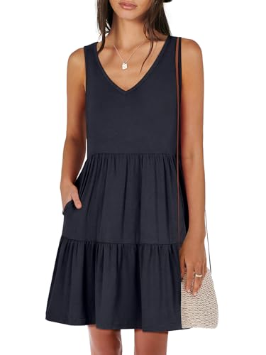 ANRABESS Womens Summer Casual Tank Dress Sleeveless V Neck T Shirt Sundress Flowy Tiered Swing Mini Beach Vacation Dresses Navy Blue Large