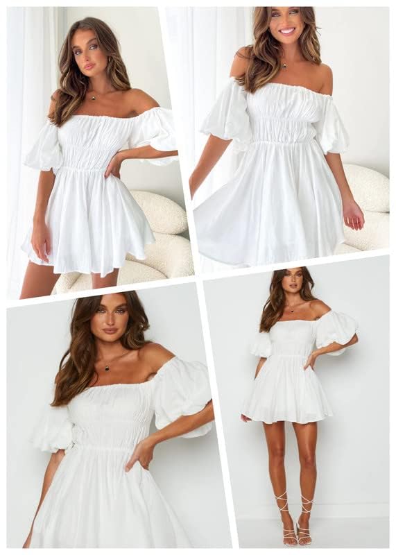 Dokotoo Off Shoulder Summer Dresses for Women 2024 Lantern Sleeve Elastic Waist White Dress Casual Ruffle A-Line Mini Dresses for Wedding Guest Small