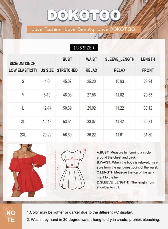 Dokotoo Off Shoulder Summer Dresses for Women 2024 Lantern Sleeve Elastic Waist White Dress Casual Ruffle A-Line Mini Dresses for Wedding Guest Small