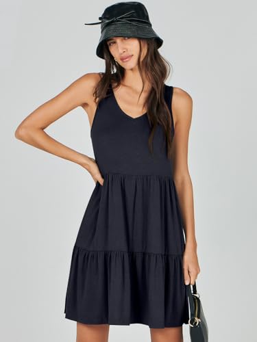 ANRABESS Womens Summer Casual Tank Dress Sleeveless V Neck T Shirt Sundress Flowy Tiered Swing Mini Beach Vacation Dresses Navy Blue Large