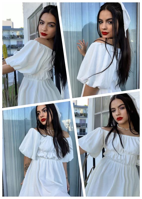 Dokotoo Off Shoulder Summer Dresses for Women 2024 Lantern Sleeve Elastic Waist White Dress Casual Ruffle A-Line Mini Dresses for Wedding Guest Small