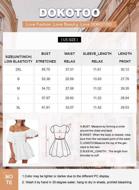 Dokotoo Off Shoulder Summer Dresses for Women 2024 Lantern Sleeve Elastic Waist White Dress Casual Ruffle A-Line Mini Dresses for Wedding Guest Small