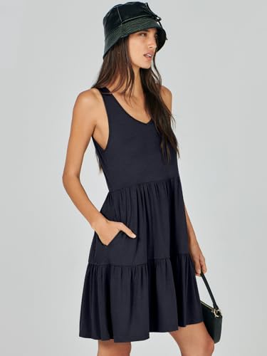 ANRABESS Womens Summer Casual Tank Dress Sleeveless V Neck T Shirt Sundress Flowy Tiered Swing Mini Beach Vacation Dresses Navy Blue Large