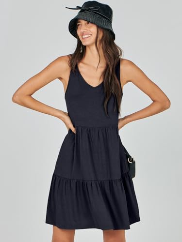ANRABESS Womens Summer Casual Tank Dress Sleeveless V Neck T Shirt Sundress Flowy Tiered Swing Mini Beach Vacation Dresses Navy Blue Large