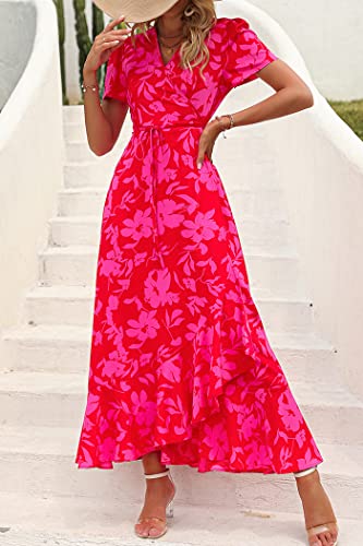 PRETTYGARDEN Women's Summer Wrap Maxi Dress Casual Boho Floral V Neck Short Sleeve Ruffle Hem Split Beach Long Dresses (Red Floral,Medium)