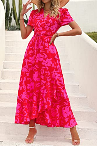 PRETTYGARDEN Women's Summer Wrap Maxi Dress Casual Boho Floral V Neck Short Sleeve Ruffle Hem Split Beach Long Dresses (Red Floral,Medium)