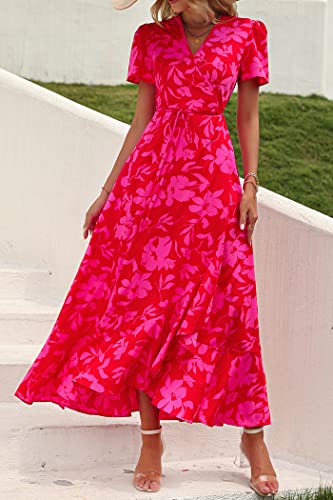 PRETTYGARDEN Women's Summer Wrap Maxi Dress Casual Boho Floral V Neck Short Sleeve Ruffle Hem Split Beach Long Dresses (Red Floral,Medium)