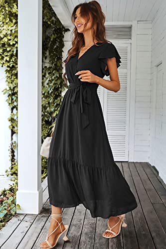 PRETTYGARDEN Women's 2024 Floral Boho Dress Wrap V Neck Short Sleeve Belted Ruffle Hem A-Line Flowy Maxi Dresses (Solid Black,Small)