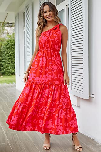 PRETTYGARDEN Women's Floral Maxi Dress 2024 Knot One Shoulder Sleeveless Ruffle Hem Flowy Boho Dresses (Red Floral,Large)