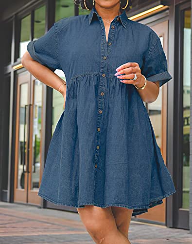TheyLook Womens Denim Babydoll Dresses Button Down Tiered Jean Dress